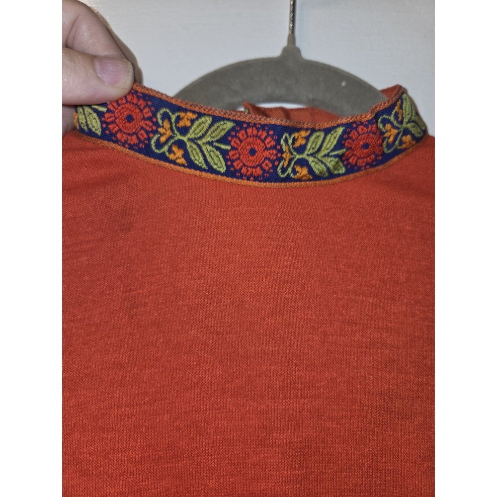 True Vintage Lanz Partridge Trim Ribbon Folk Print Dress. Red Blue. Mock Neck. - Picture 4 of 13